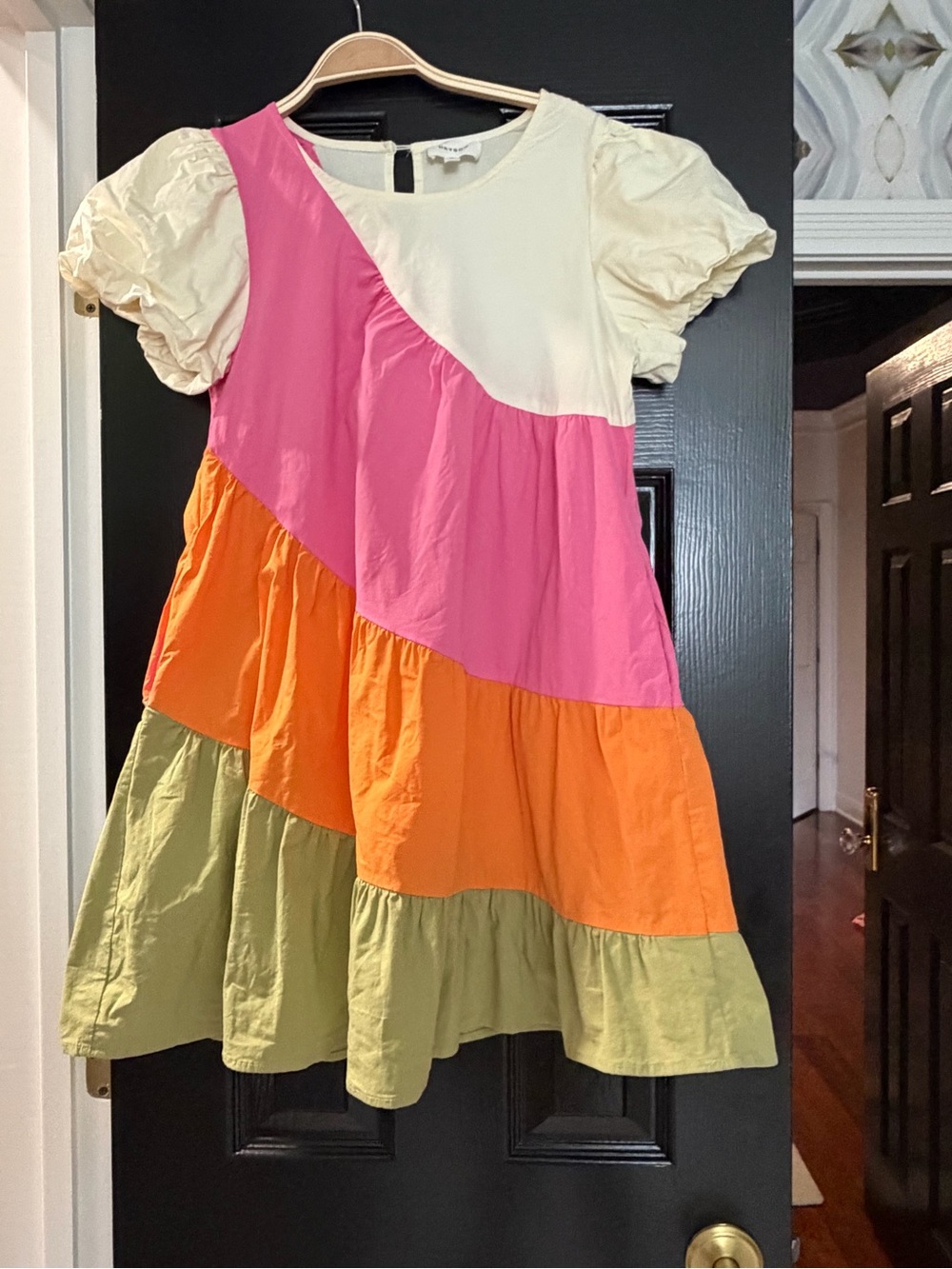 Colorblock Puff Sleeve Tiered Dress - Cream, Pink, Orange, Olive, Sun Dress